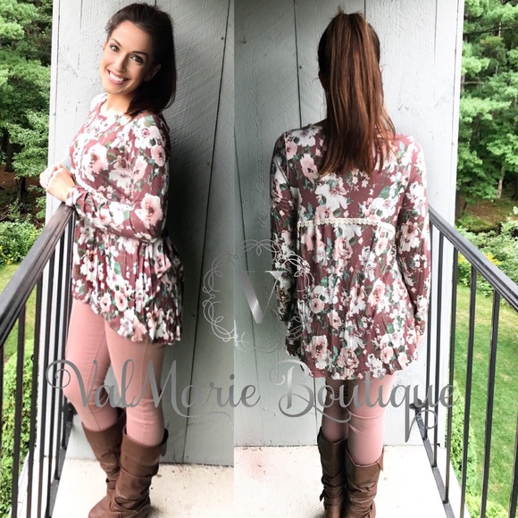 2 LEFT! Burgundy / cocoa babydoll floral top - Picture 3 of 3